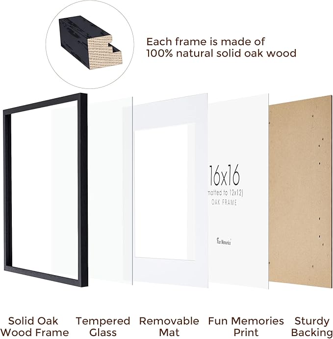 16"x16" Picture Frame in Black, Solid Oak Wood Frame 16x16, 16x16 Frame Matted to 12x12, Square Photo Frame 16x16 Inch - Tempered Glass (Black, 1 Pack)