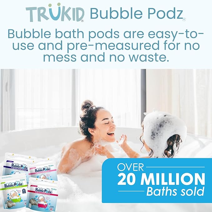 TruKid Bubble Podz Bubble Bath for Kids, Toddlers, & Babies, Tear Free Gentle & Refreshing Bath Bomb for Sensitive Skin with Natural Moisturizers, Non-Toxic, pH Balanced, Watermelon Scent (24 Podz)