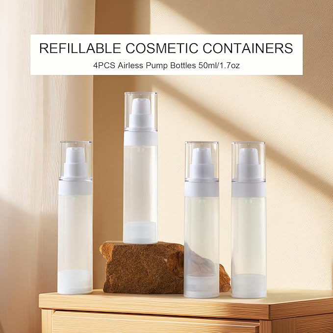 Small Airless Pump Bottles，Travel Toiletry containers，Lotion Dispenser，1.7 oz Travel Bottles TSA Approved Shampoo, Liquid Foundation, Hand sanitizer（ 4 Pack）