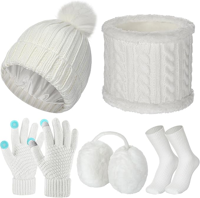 SATINIOR 5 Pcs Winter Satin Lined Hat Scarf Gloves Set Knit Pompom Beanie Warm Touchscreen Glove Earmuff Ear Warmer for Women