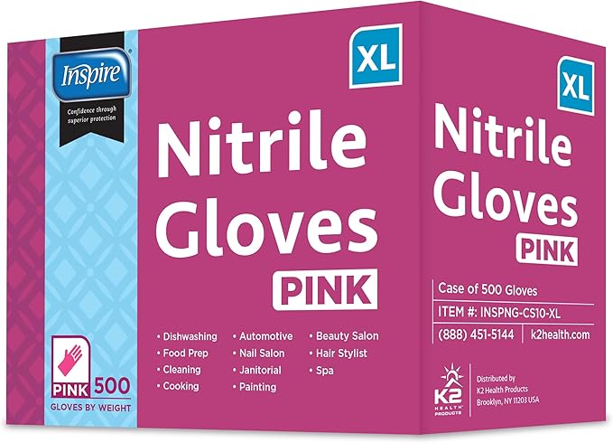 Inspire Pink Gloves Disposable Latex Free | Nitrile Pink Glove Hair and Nail Salon, Esthetician Nitrile Disposable Gloves