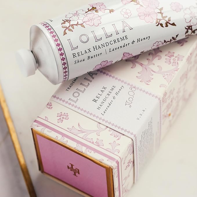 LOLLIA Relax Handcreme, 4 oz, Sugar Cane, Vanilla Bean, & Jasmine, Scented Hand Cream for Women, Moisturizing Lotion for Dry Hands, Quick Absorbing Shea Butter & Cocoa Butter, Luxury Purse Essentials