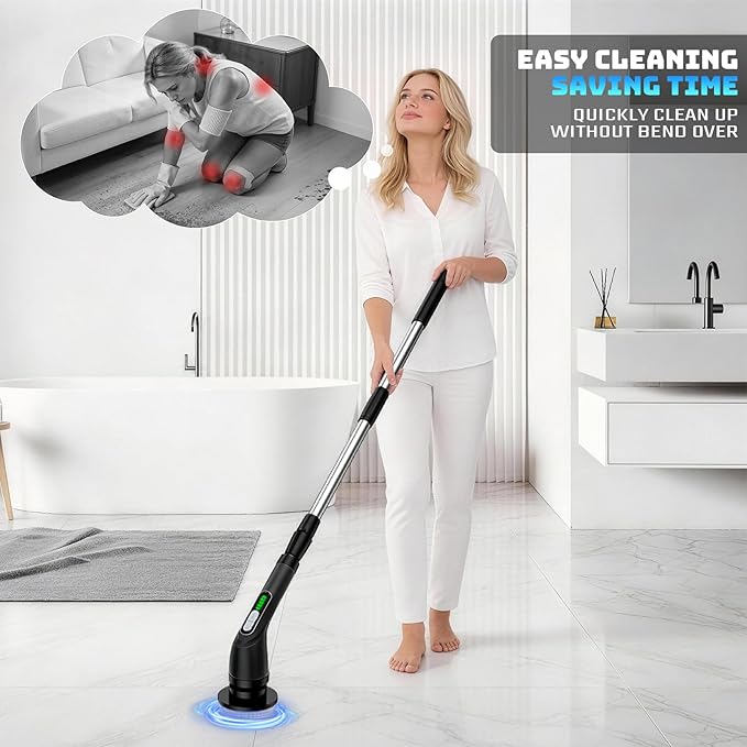 Electric Spin Scrubber, Powerful 2-Speed Cleaning Brush, IPX7 Waterproof with 7 Reusable Brush Heads & Extendable Handle, for Bathroom Toilet Shower Kitchen Wall Tile Floor Grout (Black)