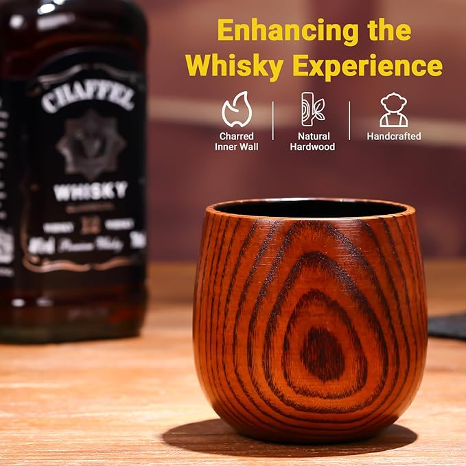 4PCS Charred Wooden Whiskey Glass – Handcrafted Solid Wood Tumbler for Men | Unique Whiskey Gifts | Natural Grain, Flame-Finished Bourbon Glass，Fathers Day Gifts For Dad，Him，Husband