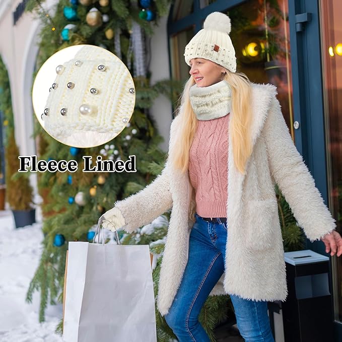 5 Pieces Women Winter Warm Set Knit Beanie Hat Scarf Touchscreen Gloves Earmuffs Stockings 5 in 1 Ski Outing Set for Gift