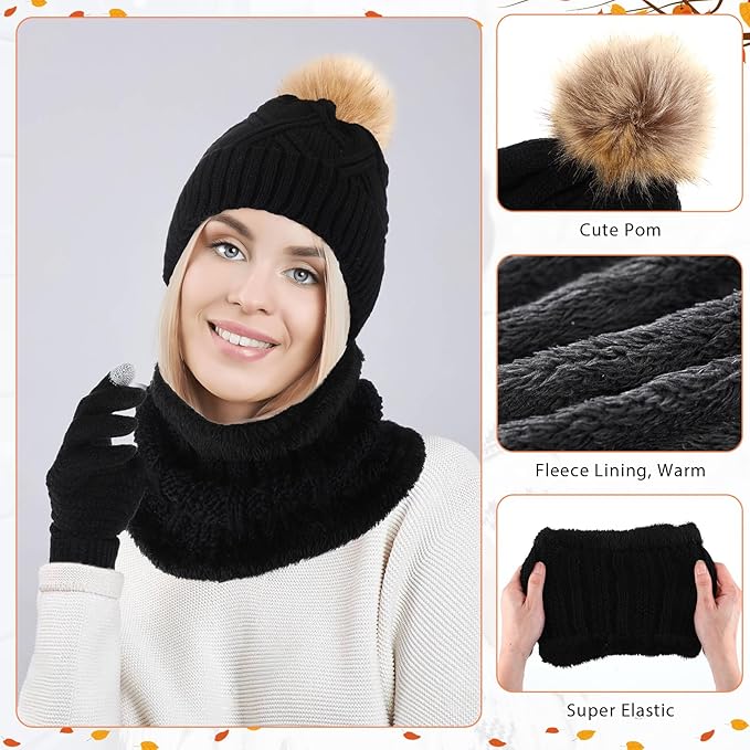 SATINIOR 5 Pcs Winter Hat Scarf Gloves Set Fleece Warm Lined Knit Beanie Hat Touch Screen Earmuff Gloves Warmer for Women