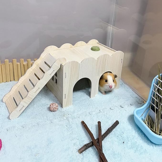 2 PCS Wooden Hamster Hideout Multi-Chamber Tunnel Hamster House Hiding Maze Platform Stuff Exploring Toy Cage Accessories for Gerbil Rat Mice