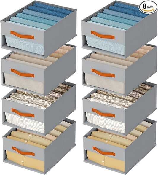 Drawer Organizers and Storage - 8 Pack Foldable Pants Organizer with Clear Window & Handles, Fabric Closet Organizer for Clothes, Jeans, Sweaters, Towels, T-shirt, Scarf (Grey)