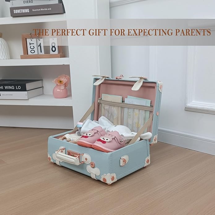 Unitravel Baby Keepsake Case, Handmade Memory Storage Box, Newborn Keepsake Box, Vintage Suitcase for Baby Shower, Baptism, Naming Ceremony or Birthday