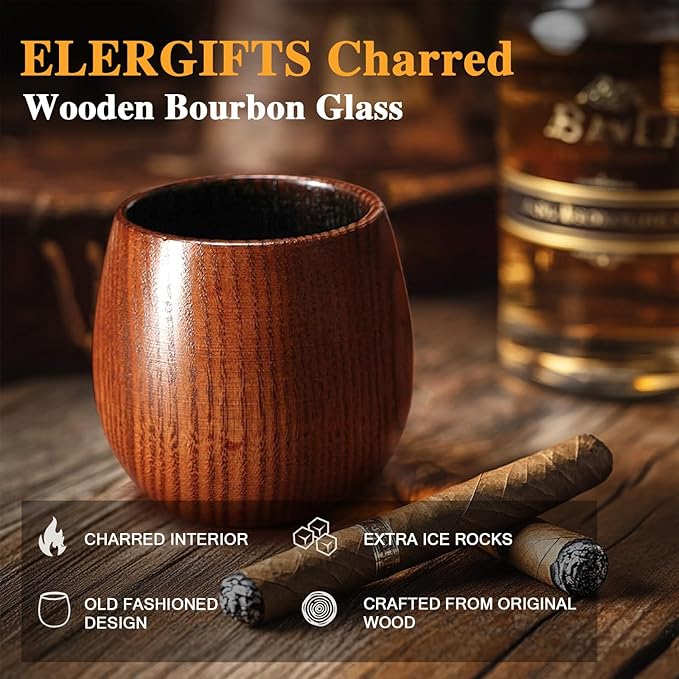 Charred Wooden Bourbon Drinking Glass- Bourbon Gifts for Men, Handcrafted Whiskey Glasses, Wooden Old Fashioned Glass,Unique Whiskey Gifts for Men, Dad, Husband or Bourbon Lovers (4 Pack)