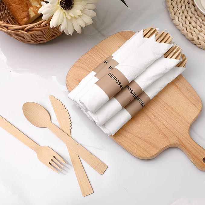 Bamboo Cultery Set with Pre Rolled Napkins- 50 Pack (6.7" 50 Forks 50 Spoons 50 Knives 50 Napkins) Compostable Fork Spoon Knife Set Individually Wrapped Disposable Flatware for Camping/Travel/Wedding