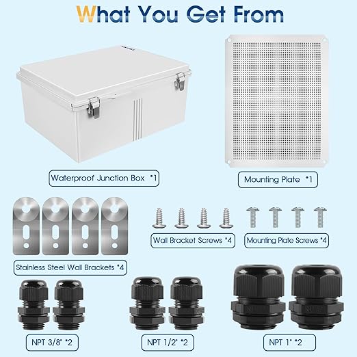 Waterproof Outdoor Project ABS Plastic Junction Box IP67 Weatherproof Dustproof Enclosure with Hinged Cover, Mounting Plate,Wall Brackets for Power Project (Grey,19.7"x15.7"x7.9")