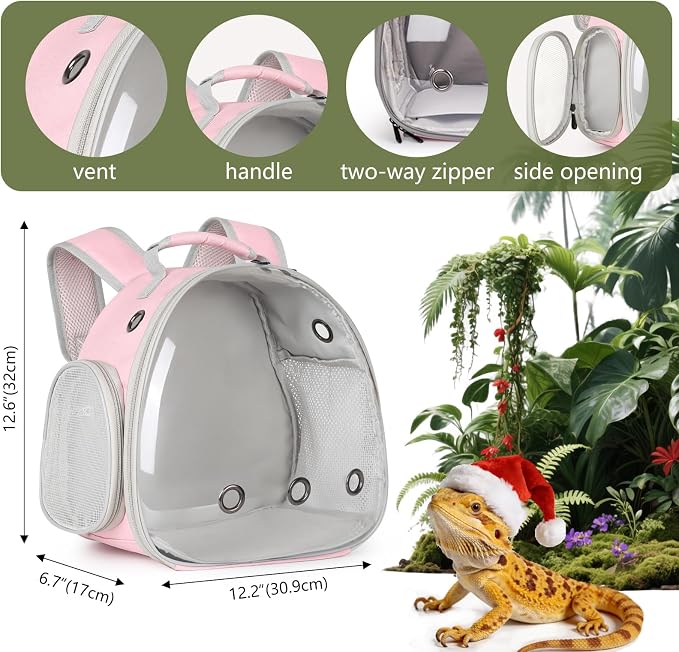 Hamster Backpack Carrier, Bearded Dragon Carrier Backpack with Clear Bubble Window,Small Animal Travel Backpack for Hedgehog Rat,Chameleon,Rabbit,Sugar Glider,Airline Approved (Pink, Backpack)