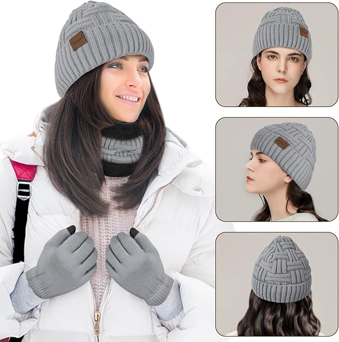 Loritta 3-Pieces Winter Hat Neck Warmer Touchscreen Gloves Set Knit Thick Scarf Beanie Hats Scarves Set Gifts for Women