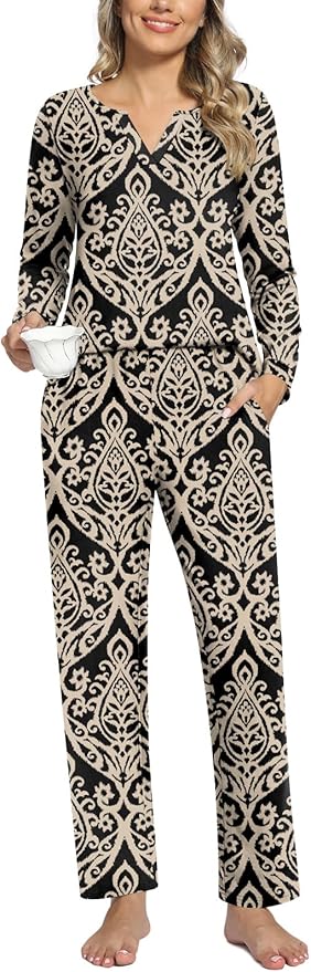 Anyally Women's Plus Size Pajama Sets Ladies Fall Pjs 2 Pieces Lounge Outfits V Neck Long Sleeves Sleepwear with Pockets