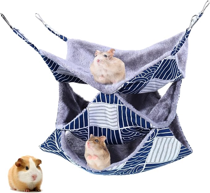 3 Tier Ferret Rat Hammock, Guinea Pig Cage Accessories, Blue Check | Rat Hammock for Cage, Pet Cage Hanging Hammock, Small Animals, Guinea Pig, Ferret, Kitten, Squirrel, Chinchilla, Rat, Parrot