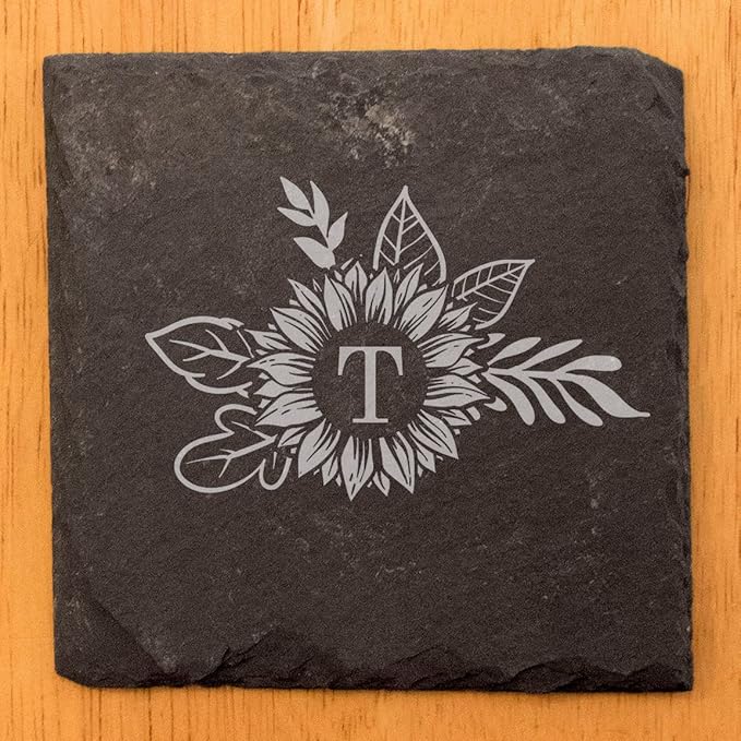 Personalized Monogram Family Coasters, Natural Stone Set, Birthday, Wedding, Customized, Rustic - Square Slate - Set of 5