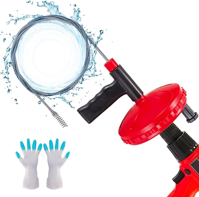 Drain Auger, Plumbing Snake Drain Hair Clog Removal Tool Use Manually or Powered for Bathtub Drain, Bathroom Sink, Kitchen Cleaning with Gloves(20ft/6M-Red)