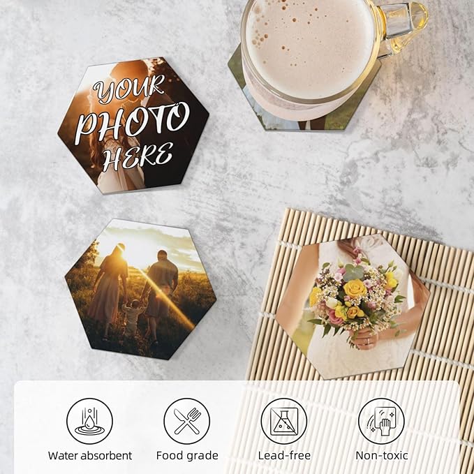 Custom Coasters, Personalized Ceramic Coasters with Photo Logo, Customized Cup Mat for Weddings, Bars, Coffee Table, Homes, Offices 4PCS