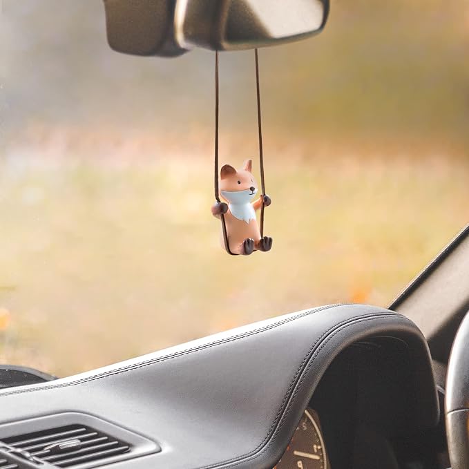 YGMONER Cute Swinging Fox Car Rear View Mirror Hanging Accessories Funny Car Interior Decor Gifts for Women Men (Fox)