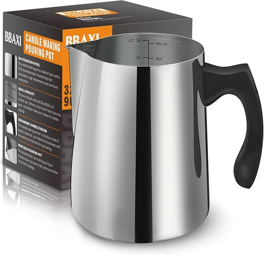 Candle Making Pouring Pot, 32oz Double Boiler Wax Melting Pot, 304 Stainless Steel Candle Making Pitcher with Heat-Resistant Handle and Dripless Pouring Spout Design