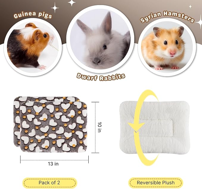 2 Pcs Bunny Bed, Washable Rabbit Bed, Double-Sided Fleece Sleeping Pad for Guinea Pig, Dwarf Rabbit, Chinchilla, Ferret, Hamster, Warm Small Animal Cage Mat, 13x10in, Brown Heart