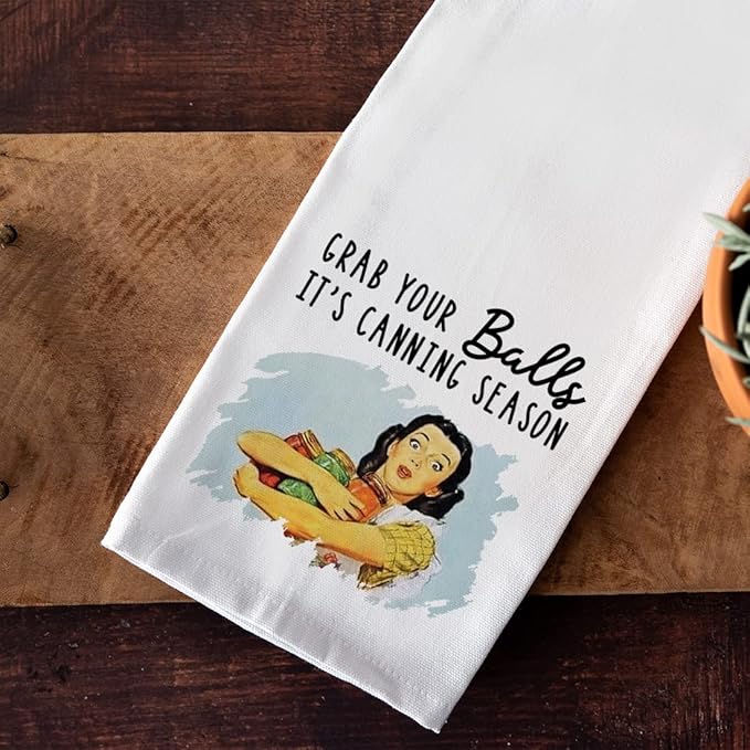 Andaz Press Funny Retro Kitchen Towel, Flour Sack Tea Towel, Grab Your Balls It's Canning Season, Funny Birthday for Mom, Daughter, Grandma, Sister, Friend, Women, Gag Gift