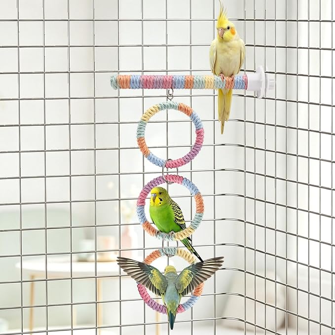 Litewoo 3-Ring Bird Swing Parrot Perch Colorful Cotton Rope Chew Climbe Toy | Colorful soft cotton rope, adjustable length for multi-level play, durable metal connections, for parakeet/budgie/conure