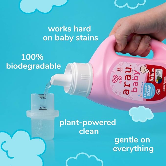 Arau Baby Laundry Soap, Unscented, Plant Based Formula, Safe for Sensitive Skin, Baby Laundry Detergent with No Artificial Fragrance or Additives, Gentle on Infant, Newborn and Baby Clothes, 27 Fl Oz