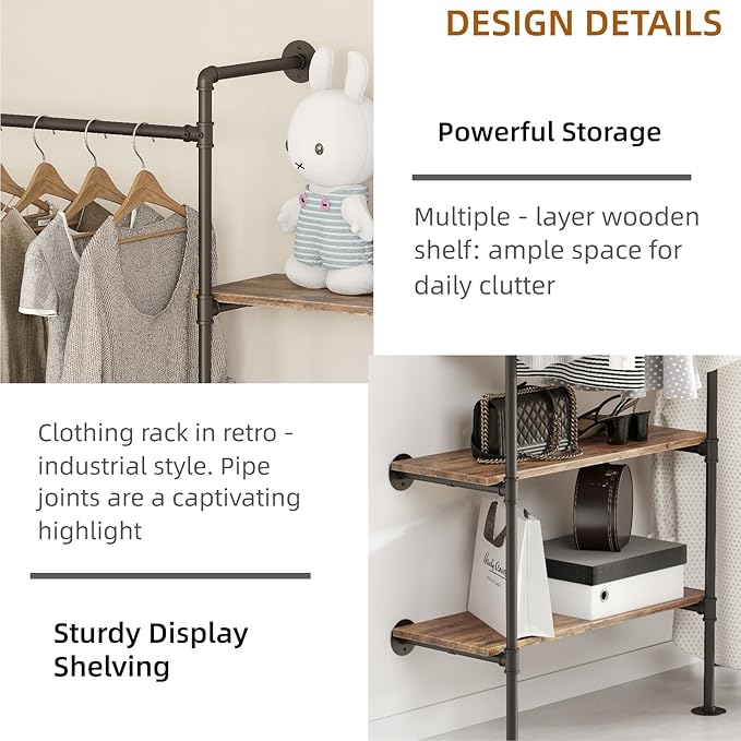 Industrial Pipe Clothing Rack, Heavy Duty Adjustable Garment Hanger with Shelves, 2 Installation Methods Closet Storage System for Wardrobe Organization (Black, 80" H x 55" W)