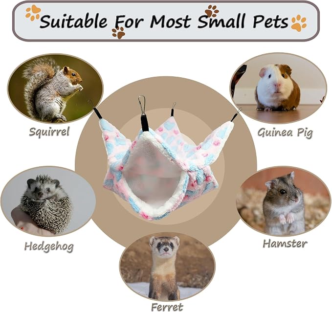 Guinea Pig Ferret Hammock for Cage - Machine Washable Double-Decker Hanging Bed - Fits Sugar Glider,Fancy Rat,Hamster,Gerbil - 13.3" x 13.3" - Love Pink Pattern