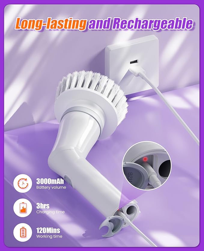 6-in-1 Electric Spin Scrubber, Cordless Power Scrubber with 47.2" Long Extendable Handle, IPX7 Waterproof 2-Speed Scrub Brush for Bathroom, Kitchen, Tile, Tub and Floor Cleaning, White-qb2