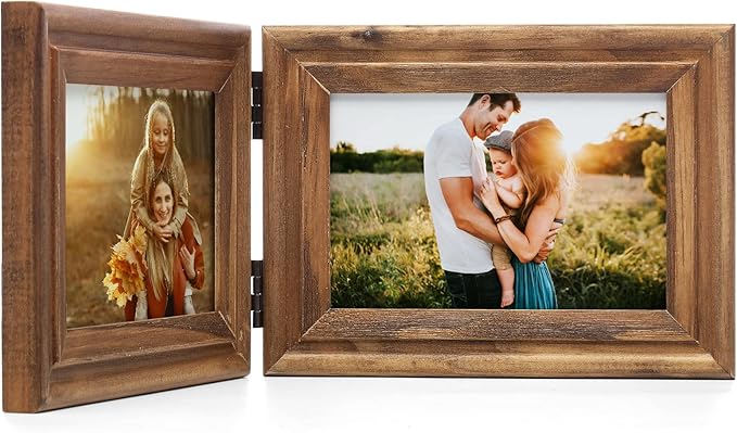 Horizontal 4X6 Picture Frames Double Hinged Wood Folding Photo Frames with Real Glass Front Fit for Desktop or Tabletop, Wood Grain XZON-H64X2