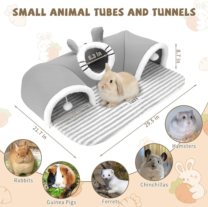 YUEPET 3-Way Bunny Tunnel Bed, Rabbit Tunnel for Indoor, Bunny Play Tunnel | Cozy Bunny Bed, Washable Rabbit Tunnels for Indoor Bunnies, With Removable Cushion, Anti-Slip Base, 29.5 x 21.7 in, Grey