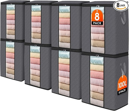 SpaceWhisper 8 Pack 100L Clothes Storage, Foldable Thick Fabric Blanket Storage Bags, Containers for Organizing Bedroom, Closet, Clothing, Comforter,Closet Organization with Handle,Grey
