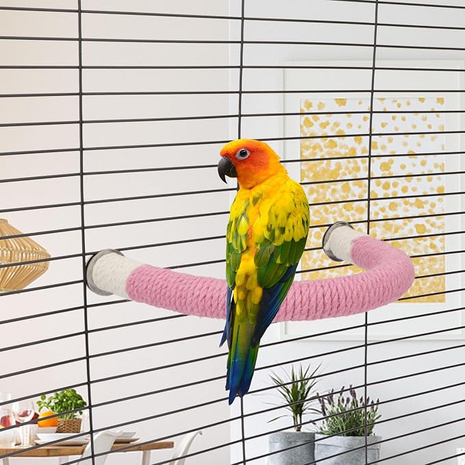 Hypeety U Shape Bird Hemp Rope Perch Parrot Paw Grinding Stand, Pink, L | U shape, natural wood with hemp rope, grinding paw and beak naturally, birdcage accessories, for budgies/cockatiels/conures