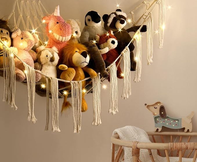 Stuffed Animal Storage Hammock Corner X-Large with LED Light - Baby Hammock Hanging Holder Plushies Net for Stuff Animals Organizer - Cute Room Decor Aesthetic Kids Toddler Nursery Bedroom Boho