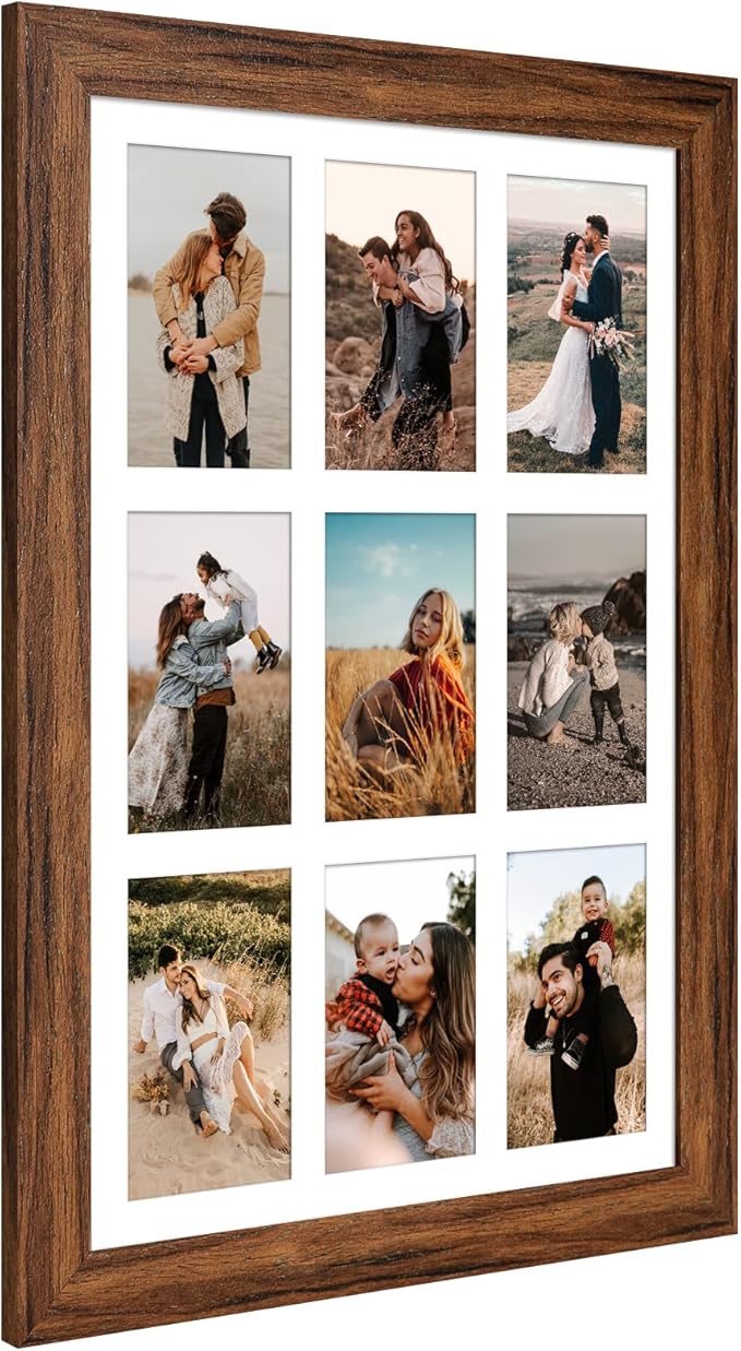 13.5x19.5 Picture Frame Display 9 opening 4X6 Picture Frame Collage,Multi Photo Frame with Mat,Plexiglass,Wall or Tabletop Decor,Carbonized Brown Wood Grain
