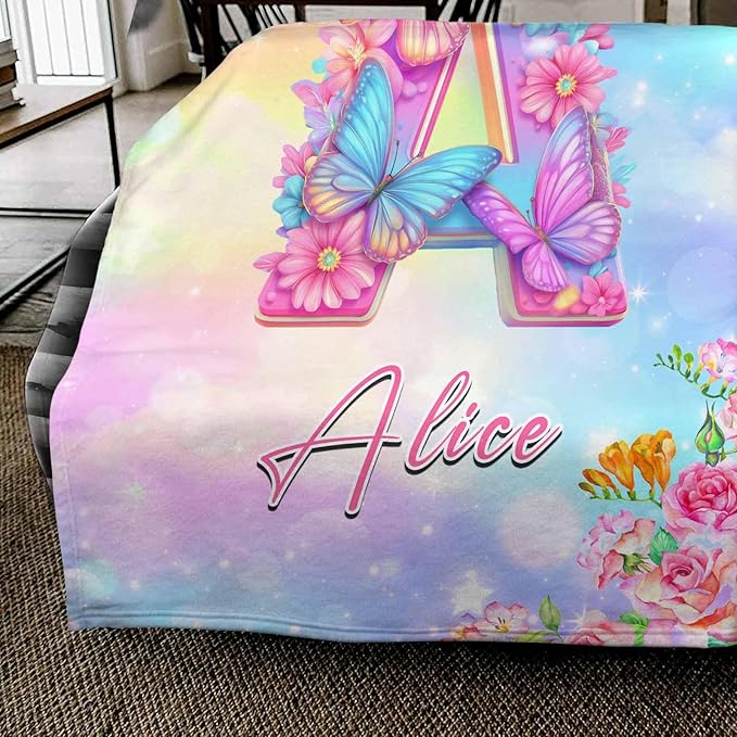 Ships Next Day, Personalized Blankets and Throws Letter Butterfly Rainbow Pattern Custom Blanket with Name Customized Flannel Blanket for Kids Christmas Blanket Gifts for Teen Girls Boys