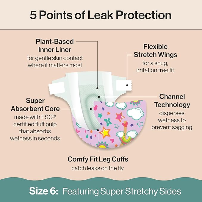 The Honest Company Clean Conscious Diapers for Sensitive Skin Up to 100% Leakproof Hypoallergenic Fragrance-Free Baby Girl Prints Super Club Box Size 6 (35 lbs) 68 Count (Prints