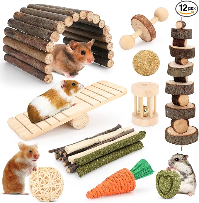 Hamster Toys Guinea Pig Toys Hamster Wheel Hamster Cage Accessories Small Animal Molar Chew Toys for Chinchillas,Gerbils,Mice,Rats,Mouse,Rabbit,Bunny Hideout Seesaw (12 Different chew Toys)