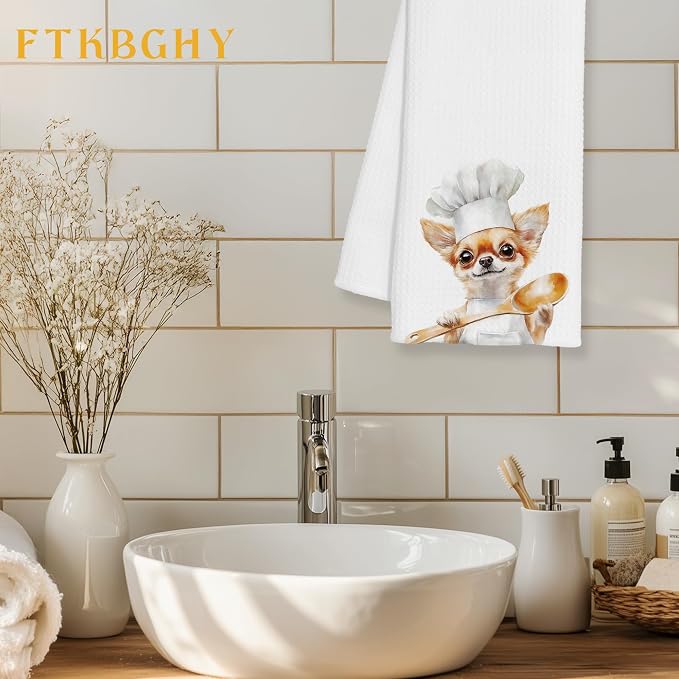 Funny Chihuahua Chef Kitchen Towels, Chihuahua Gifts for Women Men, Gifts for Chef, Funny Dog Decorative Dish Hand Tea Towels for Kitchen Bakery, 16x24 Inch