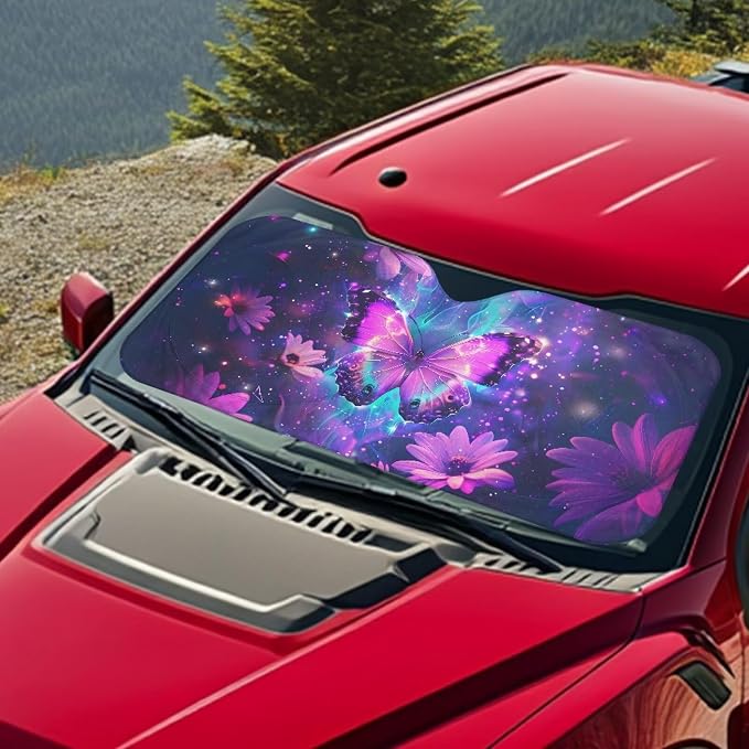 Purple Butterfly Front Window Sunshades Fashion Automotive Interior Cover Sun Visor Protector Lightweight Fit Most Cars SUVs Trucks