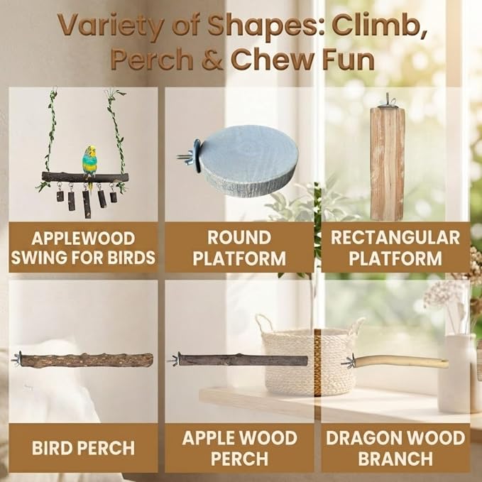 Bird Perch Set, 6 Pack Natural Apple Wood Cage Accessories with Platforms & Swing for Parakeets, Cockatiels, Conures, Budgies, for Climbing, Chewing & Exercise