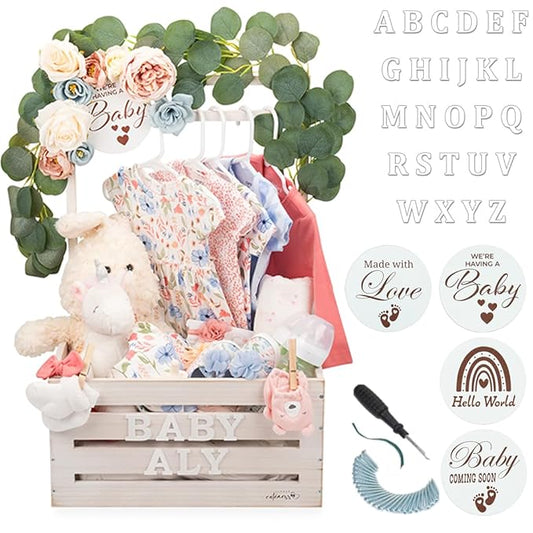 Wooden Crate Closet - Customizable Wooden Crate Box with Dual Rod System, Personalized Baby Basket Alphabet Letters, Easy Assembly Baby Baskets (Rustic White)