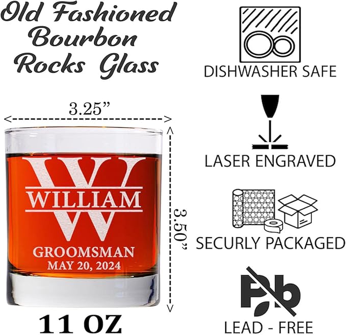 Personalized Groomsmen Gifts, Whiskey Glass 10 oz, Best Man Gift Custom Wedding Party Barware, Old Fashion Cup for Brandy Whiskey Beer for Men, Rocks Glasses for Dad, Husband (Style A)