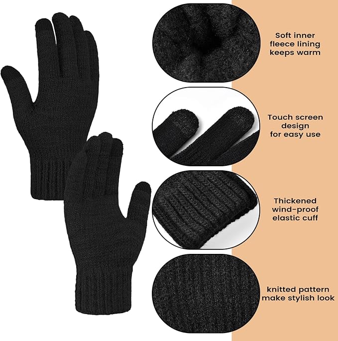 Women Winter Hat Beanie+Long Scarf+Touch Screen Gloves Set, Warm Clothes Set with Knit Fleece Lined for Women/Men Winter
