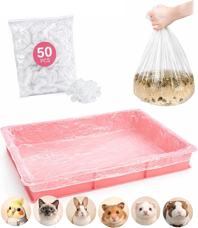 50 Disposable Cage Tray Liner Bags for Rabbits, Guinea Pigs & Birds | Pull-Over Tray Fit | Helps Contain Daily Mess | Faster Tray Changes | Less Scraping & Washing