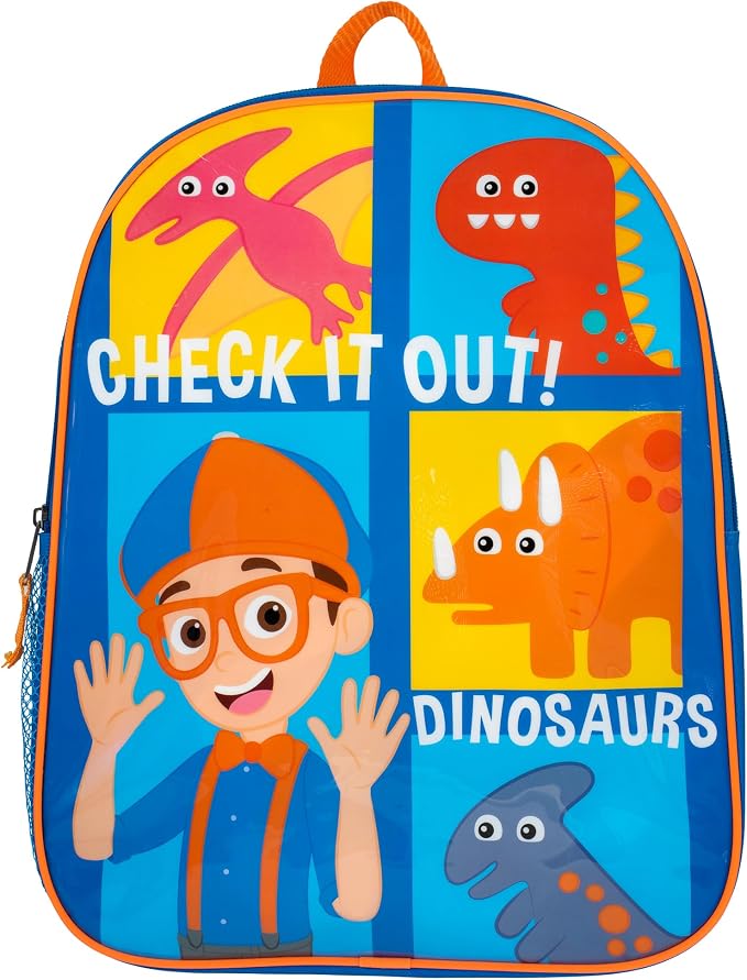 AI ACCESSORY INNOVATIONS Blippi Backpack for Boys & Girls, Kids 15" School Bag Featuring Blippi & His Dinosaur Friends, Blue