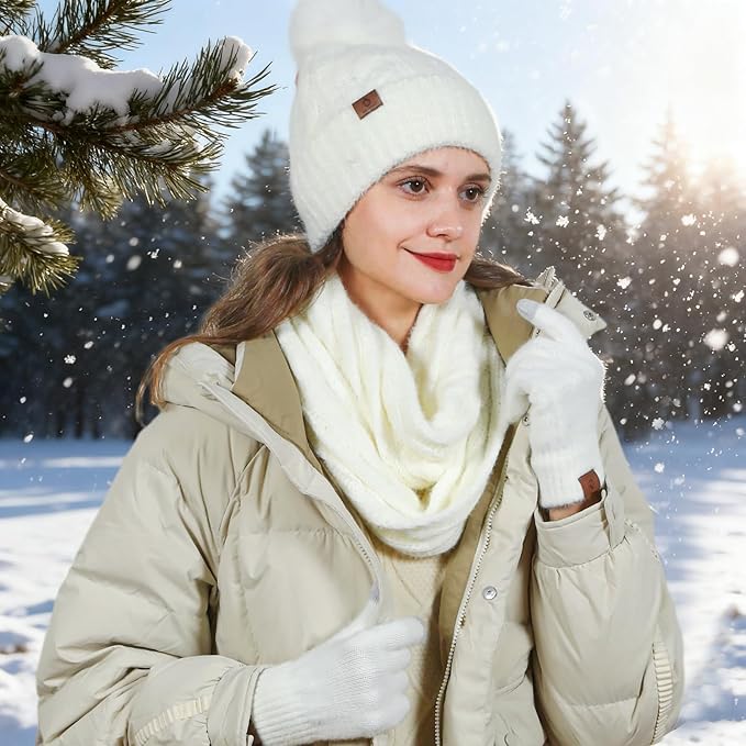 Womens Beanie Hat Infinity Scarf Touchscreen Gloves Fleece Headband 4 in 1 Winter Clothes Set Gifts for Women